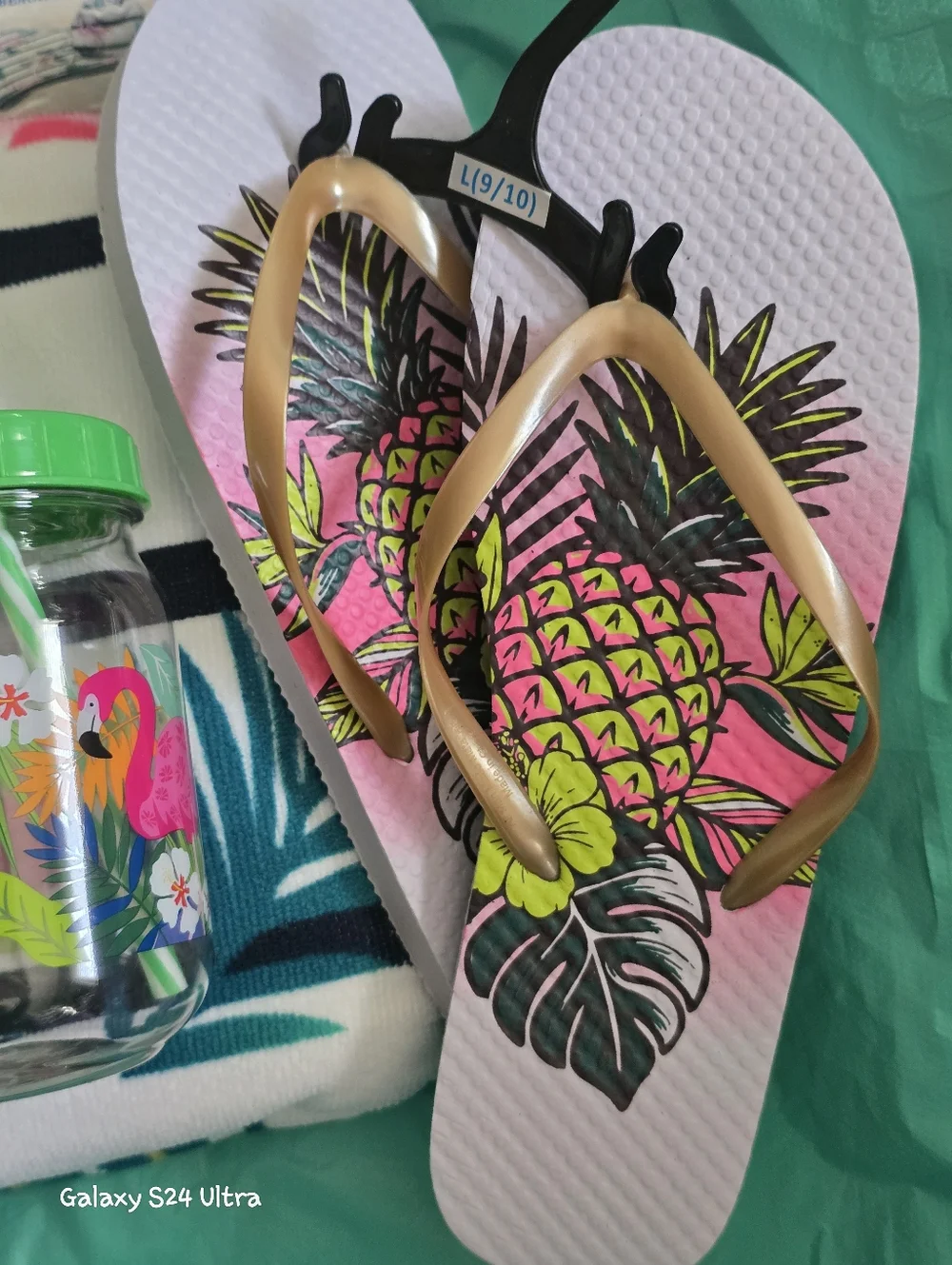 3 Piece Beach/ Pool Set: Towel Bag, Cup, & Flip Flops Sz 9/10 NEW